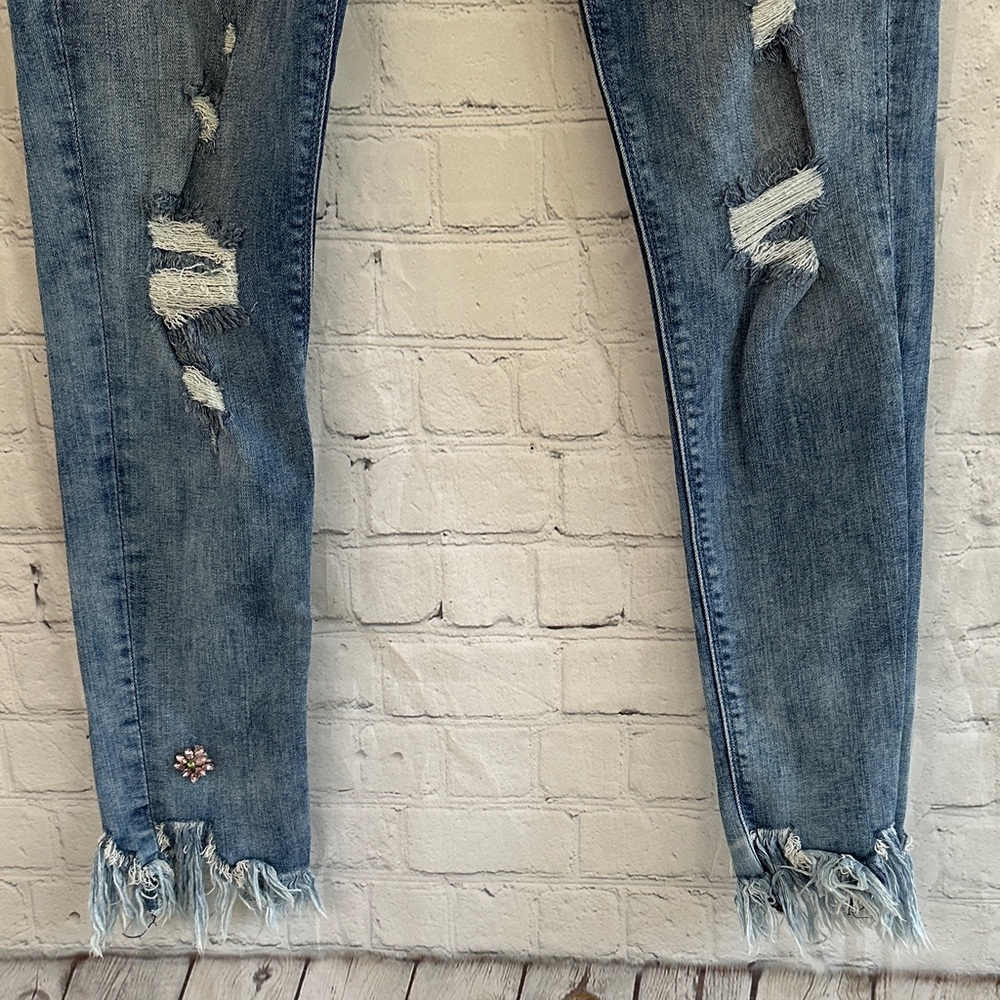 Express Women's Blue Distressed Jeweled Skinny Jeans - Picture 5 of 10